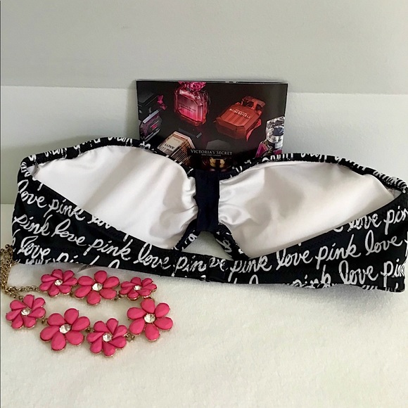 PINK Victoria’s Secret Black LOVE PINK Logo Bikini Top Size Small - Picture 4 of 7